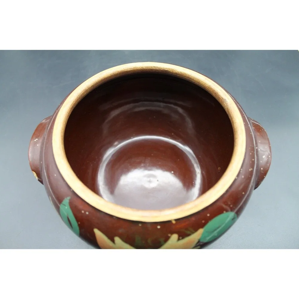 Vintage USA Pottery Brown Floral Bean Pot Crock 2 Handle Hand Painted Stoneware